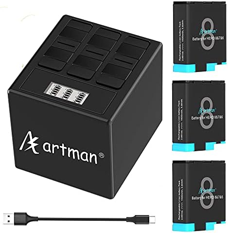 Artman Hero 8/7/6 1500mAh Replacement Batteries(3-Pack) and 3-Channel LCD USB Storage Charger Compatible with GoPro Hero 8 Black,GoPro Hero 7 Black,GoPro Hero 6 Black(Fully Compatible with Original)