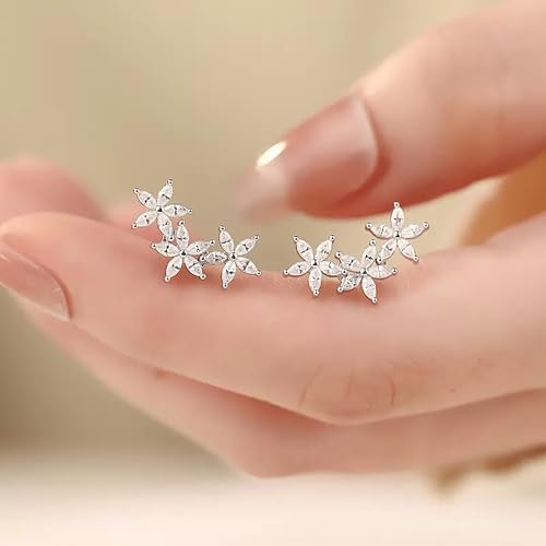 Dainty Flower Stud Earrings for Women, 925 Sterling Silver Minimalist Sparkling Zircon Flowers Cluster Ear Climbing Earring for Bride Taecher Wedding Birthday Jewelry Gift2