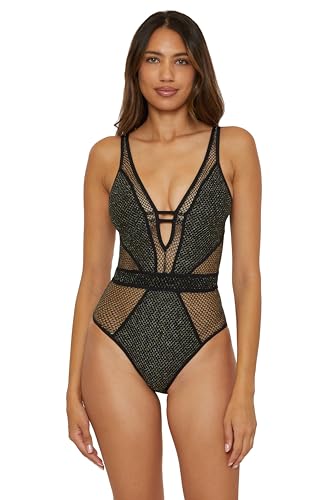 BECCA Color Play - Women's One Piece Swimsuit, Plunge Neck, Crochet, Bathing Suits for Women, Black, Small