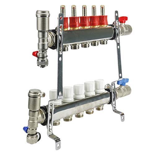 Image of Midline Valve NQT105-5 PEX Manifold 1 /2 in. for Radiant Heating System; with Valves, Vents, Gauges, and Mounting Brackets; Stainless Steel; 5 Port (5 Pack)
