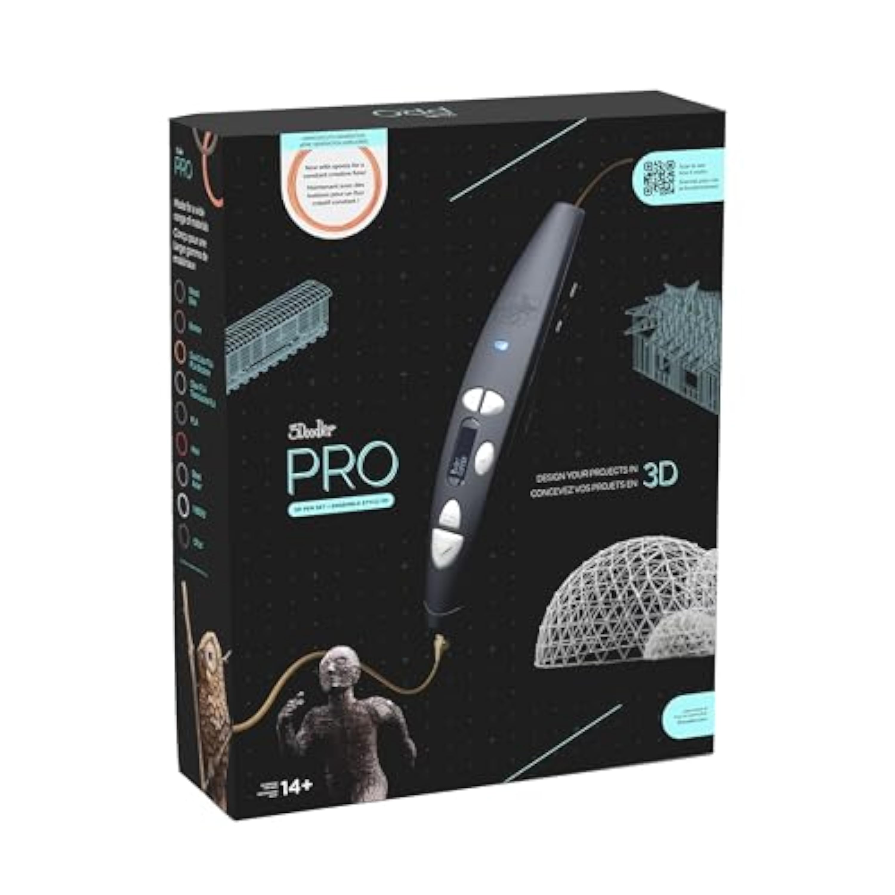 3Doodler PRO (2025) Pluma de impresión 3D, herramienta de diseño y creación de prototipos para profesionales creativos, incluye materiales plásticos especiales, un juego de boquillas intercambiables y