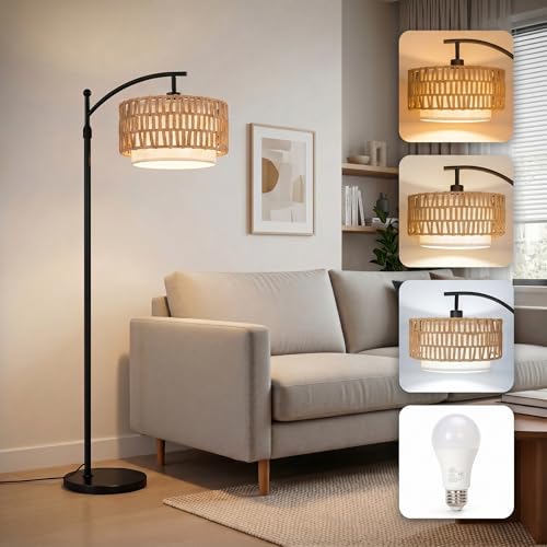 NUBEAURA Rattan Floor Lamp with 12W LED Bulb 57.5-67 Adjustable Height Boho Standing Lamp 3 Color Temperatures Dual Rattan & Fabric Shades Angle Adjustable Floor Lamp for Living Room Bedroom