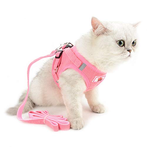 SELMAI Mesh Harness for Cats No Pull No Choke Escape Proof Padded Vest for Puppy Small Dogs Leash Lead for Kitten Walking Jacket Adjustable Training Collar Corduroy Soft Material Pink S