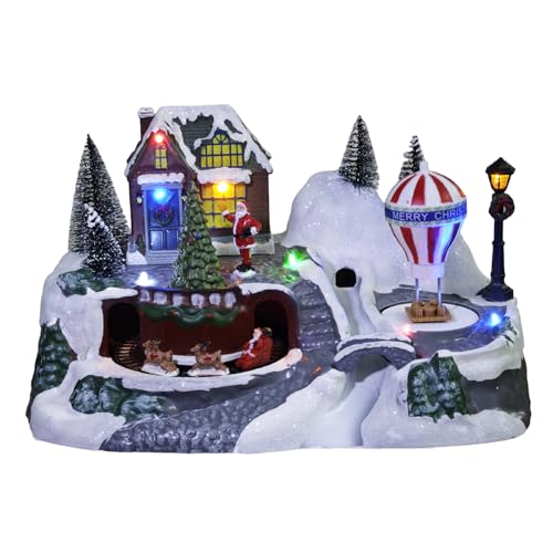 MerryPulse Christmas Village House with Train, 8 Christmas Songs & LED Lights, Collectible Buildings for Holiday Home Indoor Decorations
