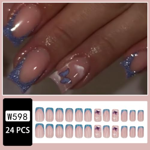 Image of Blue French Tip Press on Nails Glitter Fake Nails Medium Square False Nail