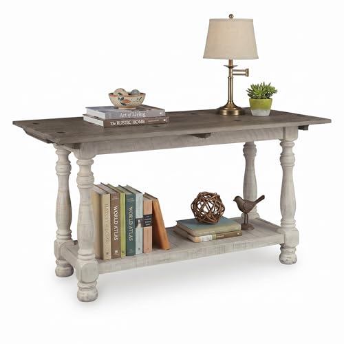 Signature Design by Ashley Havalance Farmhouse Sofa Table, Flip Top Design for Additional Dining Space and Fixed Lower Shelf, Gray & White with Weathered Finish
