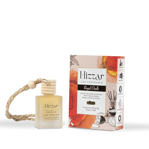 Image of Royal Oudh Car Perfume Hanging Pod 10ml | Natural Essential Premium Fragrance Oils in Glass Bottle with Wooden Diffuser Lid | Long Lasting Car Air Freshener Scent