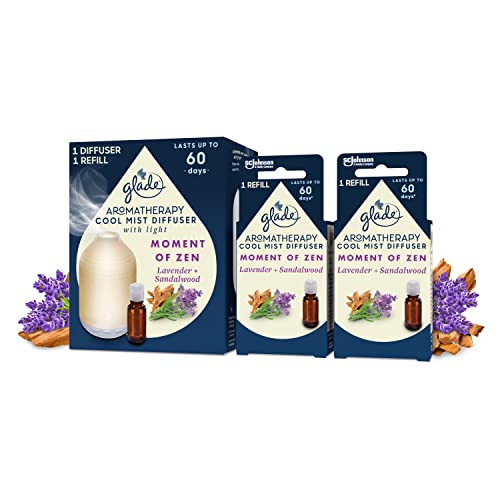 Glade Aromatherapy Cool Mist Diffuser Gift Set, Home Décor Essential Oils Diffuser Calming Fragrance, Moment of Zen with Lavender & Sandalwood, 1 Holder + 3 Refills
