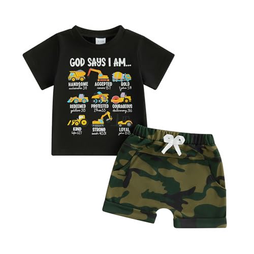 Polinkety Toddler Baby Boy Summer Outfits God Says I Am Handsome Truck Tractor T-Shirt Tops Camouflage Shorts Infant Clothes (Color Black 18-24 Months)