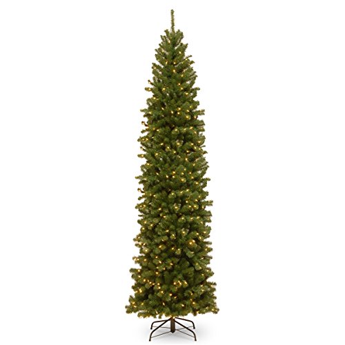 National Tree Company Pre-Lit Artificial Slim Christmas Tree, Green, North Valley Spruce, White Lights, Includes Stand, 9 Feet
