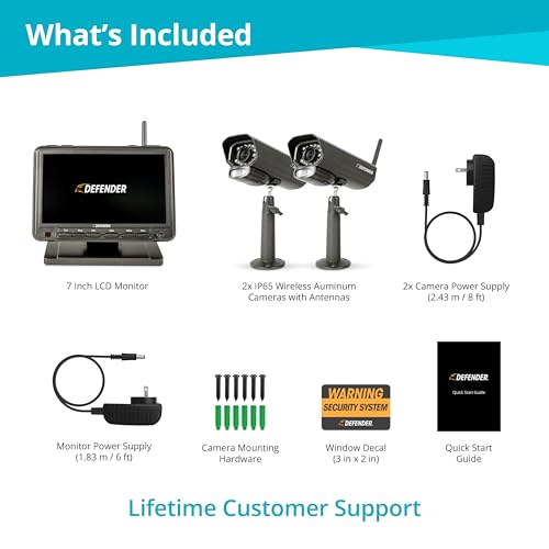 Defender PHOENIXM2 Non-WiFi Plug-in Power Security Cameras- for Home & Business Surveillance Indoor & Outdoor Bullet Cameras with 7 Inch LCD Display Monitor (2 Cameras)