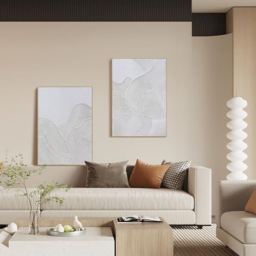 Framed Neutral Abstract Wall-Art Painting - Large Abstract Canvas Wall Decor 3D Curve Illustrations Hand painting for Living Room, Bedroom, Office - 2 Piece 28 x 40 Inch, Ready to Hang - Image 4
