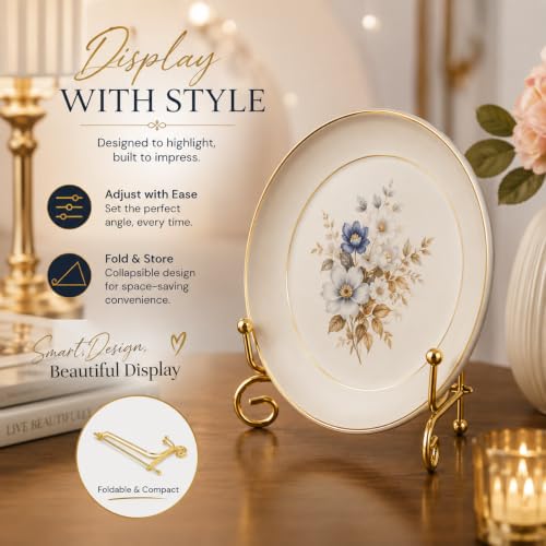 Image of Curated Cart Gold Metal Display Stand for Plates & Frames, 4 inch, Pack of 2 Foldable Tabletop Easel with Curved Design, Decorative Plate Stand for Decor, Photo Frame Stand for Table, Menu & Art Display