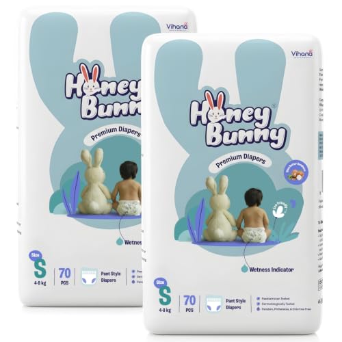Image of Honey Bunny Premium Diaper pant | Small Size | 70 Pack | Ultra thin | Cottony Super Soft | Super Fast Absorption | shea butter | 4-8 Kg | Pack of 2