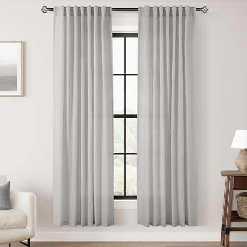 Linen Blend Grey Curtains for Living Room Back Tab Modern Farmhouse Semi Sheer Light Gray Curtains 72 inches Long 2 Panels Set Muted Neutral Cotton Texture Window Curtain for Dining Room Bedroom