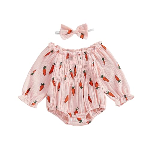 TUSFTAY Baby Girl Easter St Patricks Day Outfit Newborn Girls Long Sleeve Ruched Carrot Print Romper with Headband 0-18M (Easter 3-6 Months)