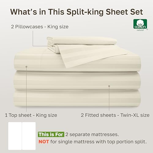 Image of California Design Den 500TC 100% Cotton Split King Sheets Set, Ivory Stripe | Good Housekeeping Seal, OEKO-TEX Certified, Silky-Soft Sateen Weave, 5pc Set, 15 inch Deep Pockets, For Hot Sleepers, All-Season