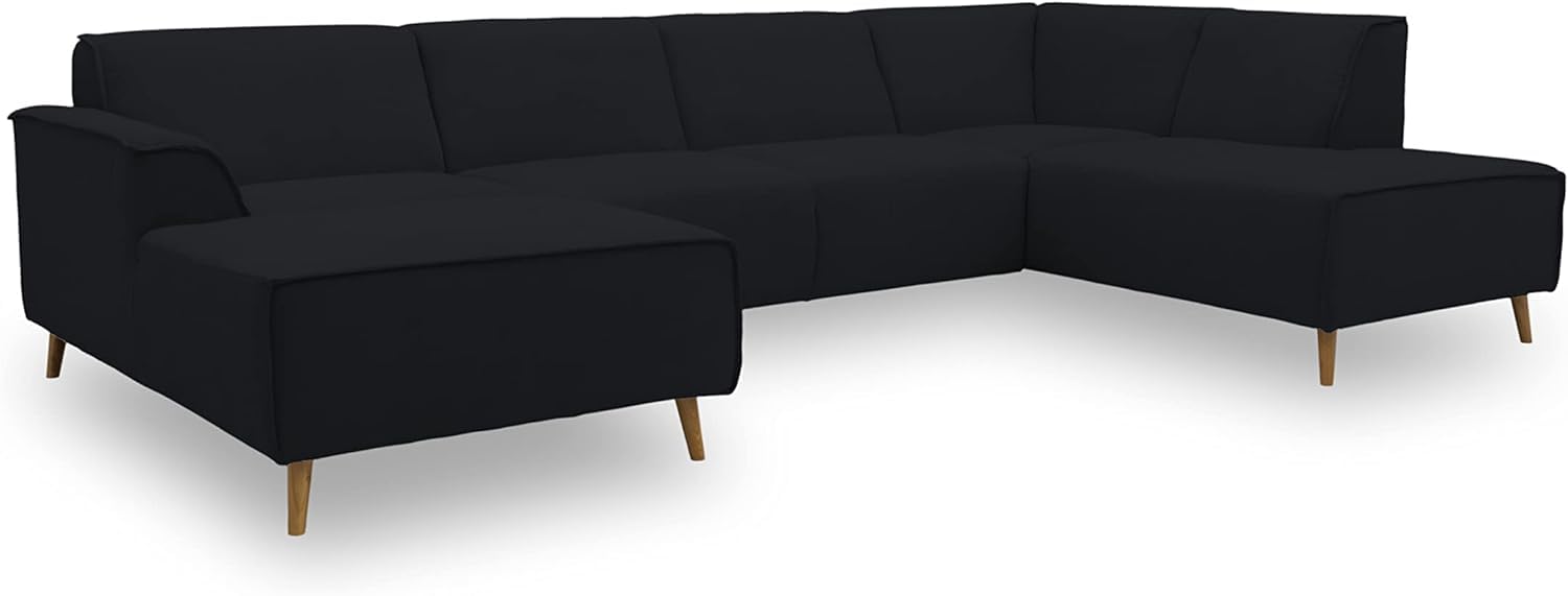 DOMO. collection Wohnlandschaft Jules FK, skandinavisches Sofa mit Federkern, Couch in U-Form mit Holzfüßen, 333 x 191 x 81 cm (BxTxH), Longchair rechts, schwarz