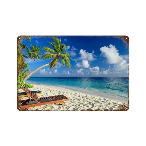 Plaque rétro fer Métal Étain Signe de palmiers de plage tropiques déco murale 30x40cm
