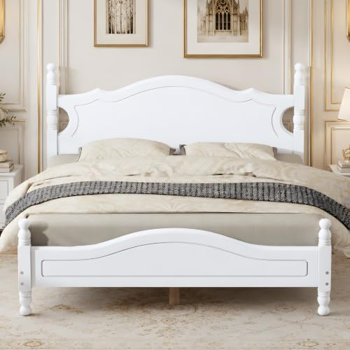 KT Rolster Queen Size White Wood Bed Frame with Vintage Headboard, Gothic Style Wooden Platform Queen Bed with Wood Slat Support, Retro White Bed Frame for Bedroom Guest Room, Easy Assembly