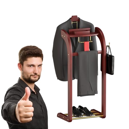 Qcesorib Galán de Noche de Madera Maciza Multifuncional Galán de Noche Moderno con Percha de Ropa, Pantalonero, Bandeja, Corbatero, Antiarrugas, para Pasillo de Entrada Salón Dormitorio