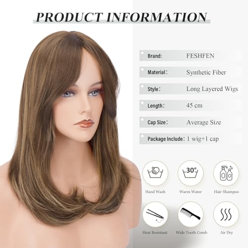 Image of FESHFEN Wigs with Bangs for Women, Synthetic Natural Looking Long Layered Straight Hair Wig for Women Daily Party Use, 18 inch Brown Mixed Blonde