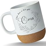 Tasse Untersetzer Kork - Schön, dass es dich gibt Oma - mit Blumenkranz - 330 ml - Weiß Matt - geschenke für omas fuer