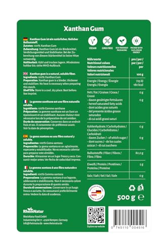 RheinNatur Xanthan Gum Pulver 500 g - Natürliches Bindemittel - Stabilisator für Eis, Suppen, Soßen - Xanthangummi Verdickungsmittel - Geschmacksneutral & Vegan