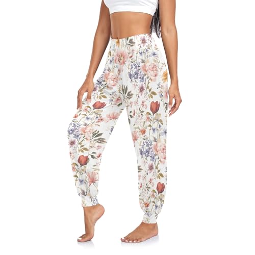 Vintage Flowers Botanical Sweatpants for Women Hippie Pants Lightweight Summer Pants, XXL
