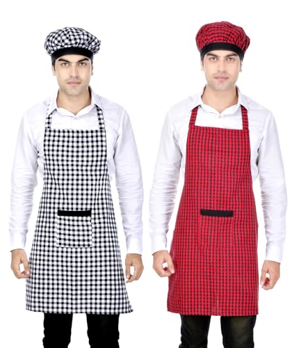 Image of Switchon Checkered Cotton Kitchen Cooking Apron with Chef Hat - Pack of 2 | Multi-Purpose Chef & Waiter Apron for Men & Women | Home, Hotels, Restaurants & Cafes | Proudly Made in India