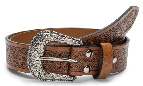 Adjustable Vintage Western-Belts for Women Men Engraved Floral Metal Buckle-Belts Cowboy-Cowgirl-Belt Waist 28