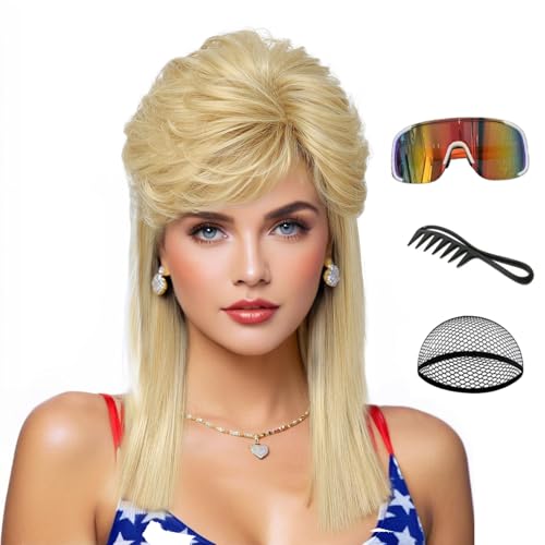 80s Blonde Mullet Wig for Women Fluffy High Top Straight Bangs Vintage Retro Rocker Barbie Costume Wig Heat Resistant Synthetic Hair for Halloween Cosplay Includes Wig Cap & Comb (Light Blonde)