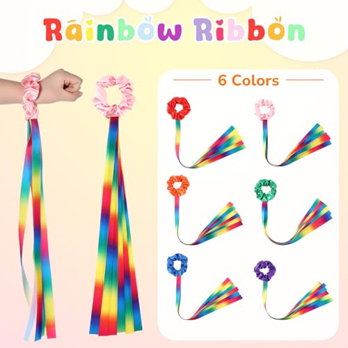 Image of VioraWhite 12 Pcs Rainbow Dance Ribbons for Kids Rainbow Rhythm Ribbons Elastic Wrist Streamers Hand Held Rhythm Streamers Gymnastics Dance Party Props for Adult Decor (0.8 x 19.7 Inch,Gradient)