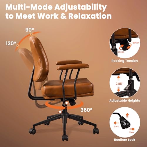 Image of Leather Home Office Chair, Mid Back Ergonomic Desk Chair with Lumbar Support, Mid Century Modern Deep Seat Swivel Rocking Computer Chair, Brown