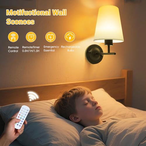 Image of Battery Operated Wall Sconce Set of Two, Black Cordless Rechargeable Wall Lights with Remote and Timer, 12 RGB Colors Dimmable Wall Lamps for Bedroom Living Room Hallway