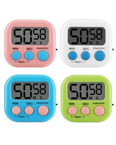 4 PCS Kitchen Timer Magnetic Colorful Digital Timer Loud Alarm Countdown Stopwatch Clock with Stand for Cooking Study Gym Brushing Teeth Kids Classroom Home Use LCD Display (Blue,White,Pink,Green)