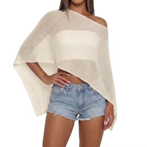 Women Sheer Knit Poncho Top Beach Cover Up Lightweight Crochet Shrug Y2k Summer See Through Shawl (Light Yellow One Size)