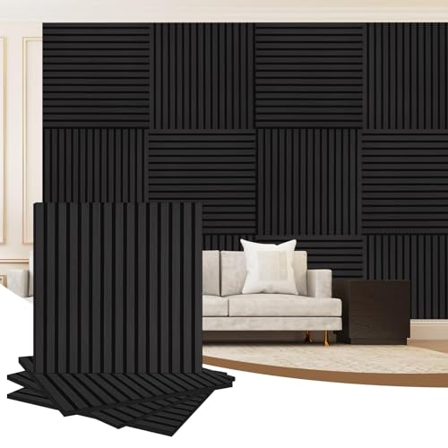 AKK-PANE 4 Pack Acoustic Wall Wood Panels - 600mm x 600mm 1.44 m²,3D Slat Wall Panelling for Wall and Ceiling,Sound Absorbing Wooden Wall Panels for Living Room,Bedroom,Office(Mirage Black 22#)