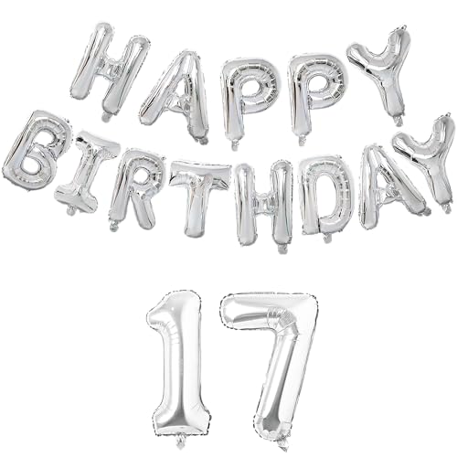 Image of Flyloons 17th Silver Happy Birthday Foil Balloon Set for 17 Year Old Boys Girls Teenage | with Number Seventeen | 13 Letters Reusable Happy Birthday Metallic Foil Balloons Decoration Kit,15 piece