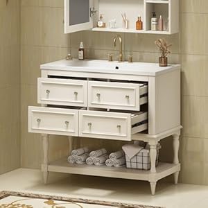 Merax Country 36 Bathroom Vanity with Sink Farmhouse Bathroom Vanity Storage Cabinet with 4 Drawers and Open Shelf Solid Wood Frame Bath Storage Vanity