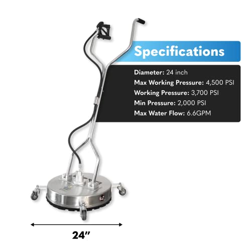 Edou Direct Dual Handle Pressure Washer Surface Cleaner 24" With Wheels | Stainless Steel | Heavy Duty | 4,500 Psi Max Working Pressure | Includes: 3/8" Quick Connector Kit, Teflon Tape #TOP1