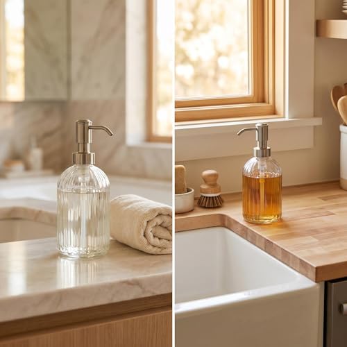 Image of 16 OZ Stripe Design Soap Dispense with 304 Rust Proof Stainless Steel Pump Glass Soap Dispenser Kitchen Soap Dispenser Bathroom