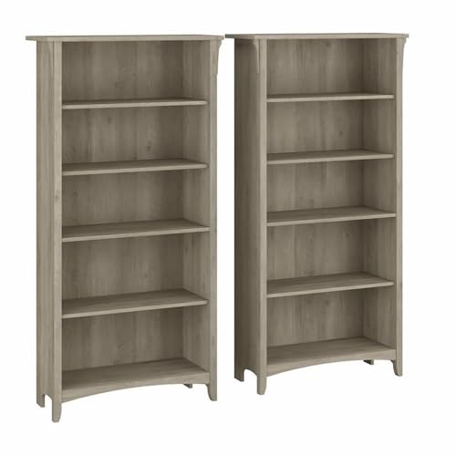 Bush Home Salinas Tall 5 Shelf Bookcase - Set of 2 in Driftwood Gray, Vertical Office Storage, Bookshelves for Home Workspace, Multi-Purpose Shelving Units