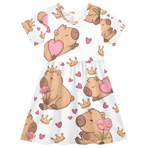 Girls' Summer Dress Short Sleeve Capybara Crown Heart Pattern Casual Dress Princess Dresses