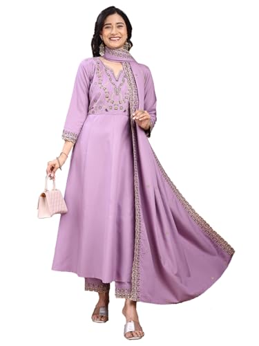 Ensemble kurta Anarkali court lavande en soie brodée avec pantalon et dupatta Pratham Blue taille S