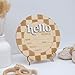 Baby Announcement Sign 6.5 Inch Wooden Hello World Newborn Welcome Sign Birth Name (Checkered)