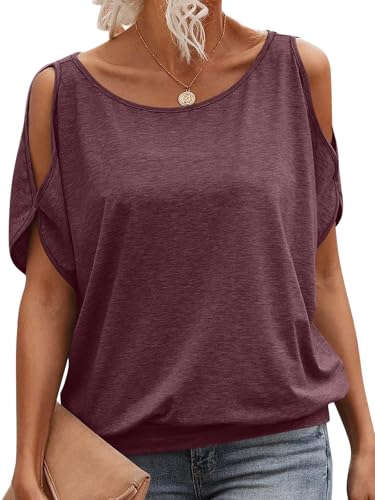 EasyGala Womens Summer Cold Shoulder Tops Banded Bottom Boat Neck T Shirts Sexy Casual Off Shoulder Tops Loose Fit Short Sleeve Clothes 2025 Burgundy Large