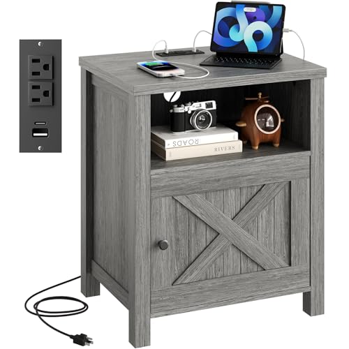 Marsail Farmhouse Nightstand with Charging Station, Wood Bedside Table with USB Port & AC Outlet, Open Shelf and Enclosed Cabinet, Side Table with Storage for Bedroom, Grey