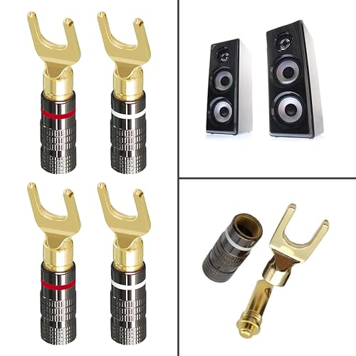 Speaker Banana Plug Set, 4-Pack Y Spade Connectors, 45 Degree Fork Terminals, Pure Copper Audio Connectors with Screw Lock