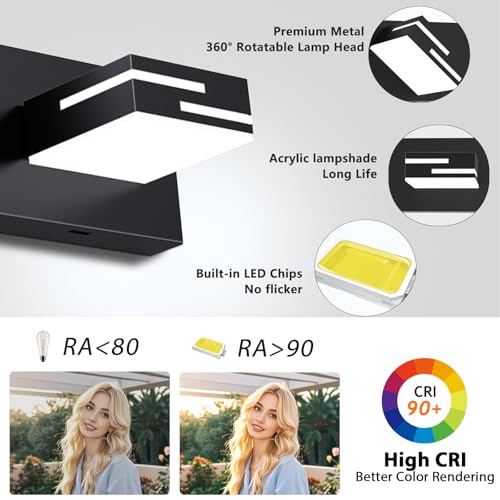 Image of LED Modern Bathroom Vanity Light Fixtures, Dimmable Matte Black Vanity Lights for Bathroom Lighting Fixtures Over Mirror, with 360 Rotatable Acrylic Heads 2-Light 16-inch 5CCT